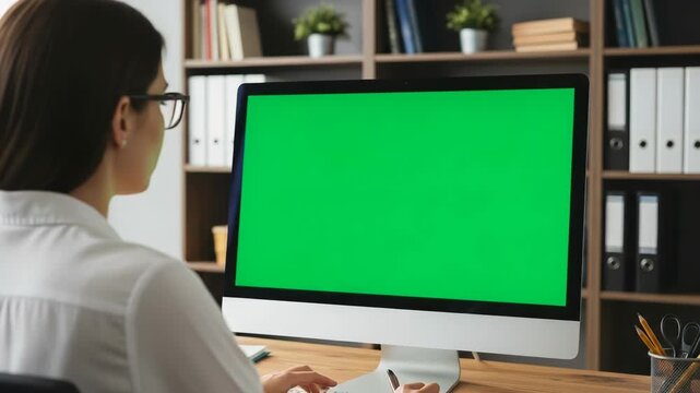 Woman with glasses using a computer with a green screen