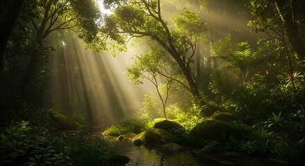 Sunlight filtering through the trees in a vibrant green forest landscape