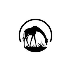 Minimalist vector logo of a giraffe eating grass inside a circular frame