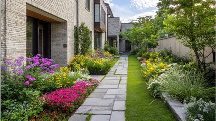 Beautiful Residential Garden Pathway with Colorful Flowers and Greenery