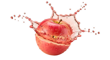 Fresh red apple with splash of juice isolated on transparent background