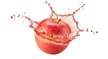 Fresh red apple with splash of juice isolated on transparent background