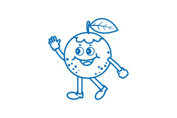 Blue outline of happy citrus fruit waves while strolling on a white background