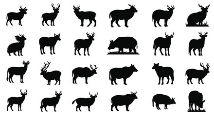 Vector art of a collection of deer silhouettes in various poses, capturing the beauty, strength, and grace of wildlife in a minimalist and elegant design