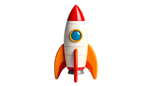 Cartoon rocket with red and white body and orange fins
