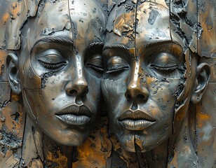 Metallic, close-up sculpture of two human faces fused together
