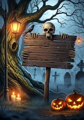 A spooky Halloween graveyard scene featuring a skeleton holding a blank wooden sign, with jack-o'-lanterns, candles, and an old tree.