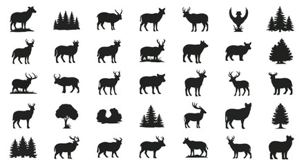 Vector art of set of deer and fir tree silhouettes, showcasing various poses and tree types in a simple, graphic style perfect for naturethemed designs