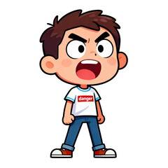 Cartoon depiction of a young boy with an angry, shouting expression stands against a dark background