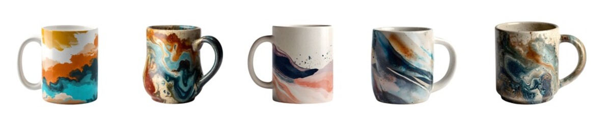 Set of five ceramic coffee mugs with colorful abstract art designs.