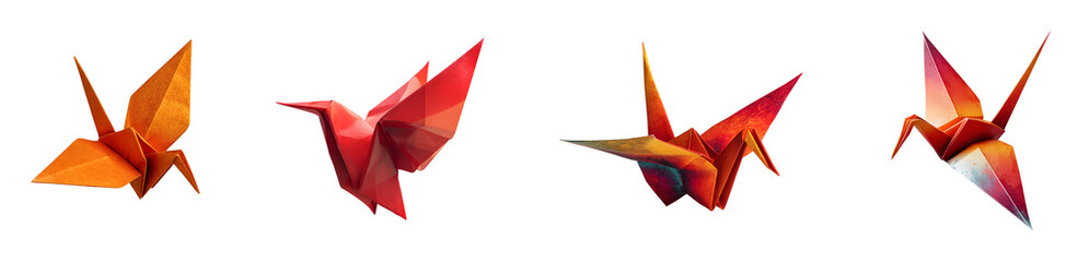 A collection of four vibrant red and orange origami paper cranes isolated on a clean white background.