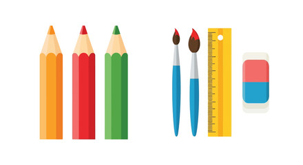 Obraz premium Colorful school supplies arranged in a neat row including pencils and brushes
