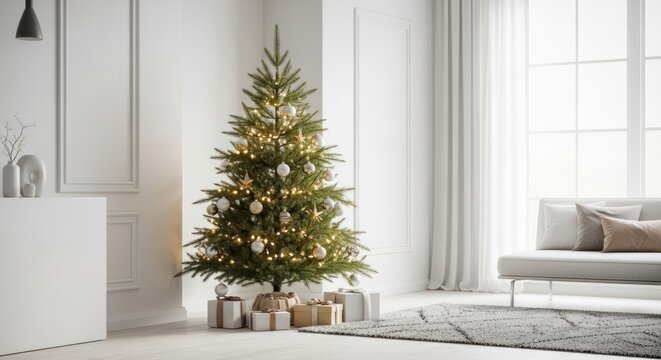 Christmas tree with lights and presents in a bright minimalist living room scene