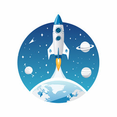 Illustration of a rocket launching into space with planets and stars on a blue gradient background.