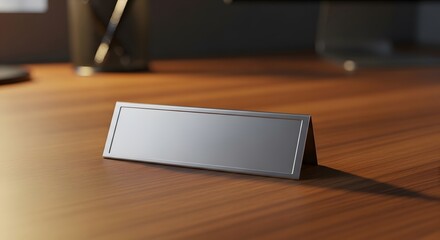 Modern blank desk name plate on a wooden office desk