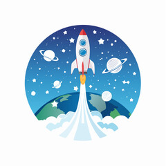 Flat illustration of a white rocket launching into a starry night sky with planets and a crescent moon around the curved Earth.