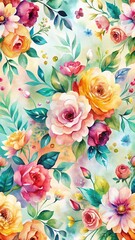 Vibrant watercolor floral pattern with roses and greenery