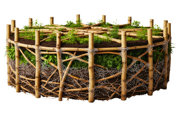 Obraz premium Round raised garden bed made of woven bamboo with small plants isolated on transparent background