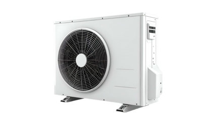 A white, rectangular outdoor appliance with a large fan, vents, and mounting feet, isolated