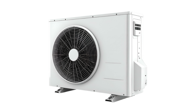 A white, rectangular outdoor appliance with a large fan, vents, and mounting feet, isolated