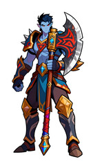 Fototapeta premium Muscular fantasy warrior character with pointed ears holding a large battle axe stands ready for combat