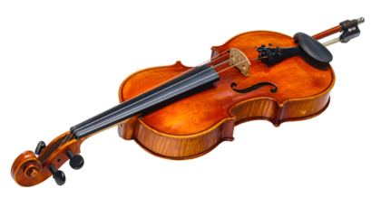Glossy, varnished violin laying diagonally; bow above it
