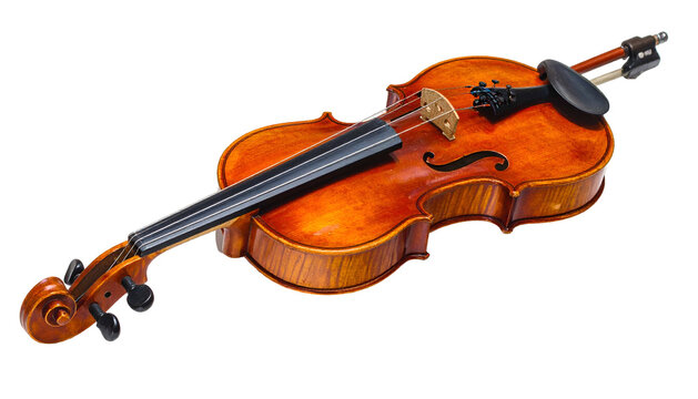 Glossy, varnished violin laying diagonally; bow above it