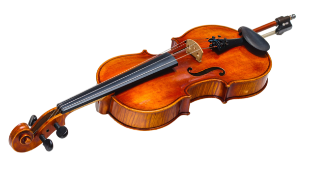 Glossy, varnished violin laying diagonally; bow above it