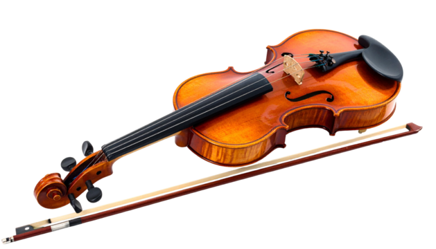 Glossy violin with bow, isolated against a dark background
