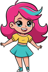 Colorful cartoon girl character with pink hair and blue eyes, cheerful pose for animation, kids media, and character design themes