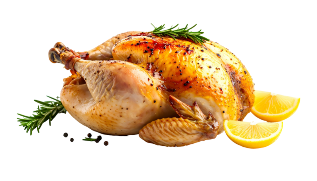 A golden-brown roasted poultry dish, garnished with herbs and lemon slices, isolated