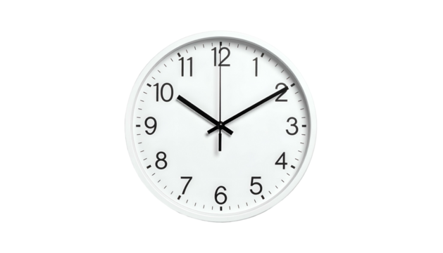 Simple white round wall clock with black hands showing the time