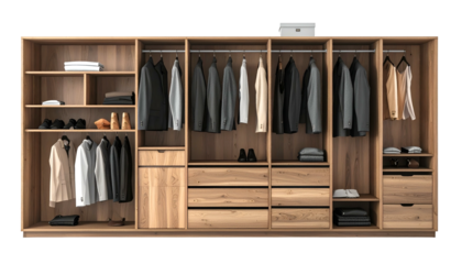 Wooden wardrobe, open, organized with clothes