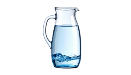 Glass pitcher filled with clear water against a dark backdrop