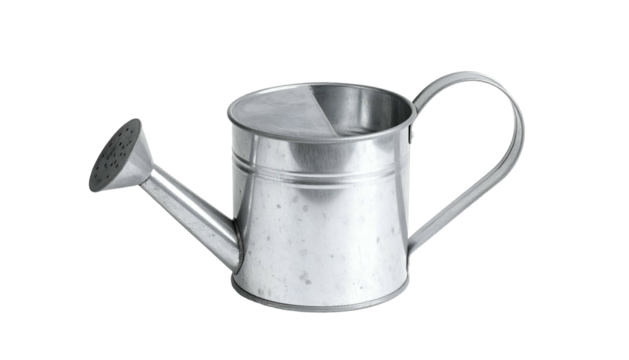 Silver watering can with a long spout, isolated on black backdrop