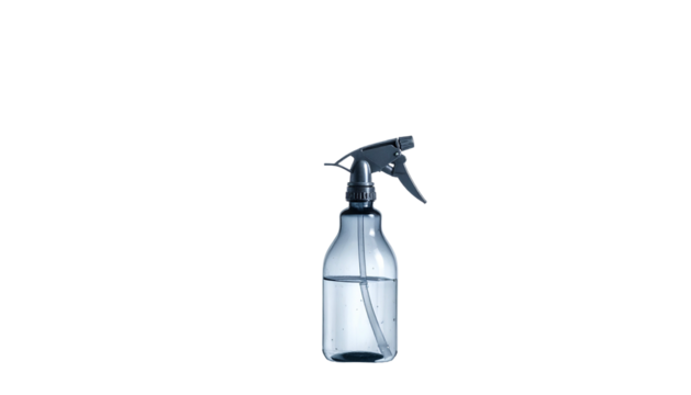 Water spray bottle, clear plastic, gray nozzle, black backdrop