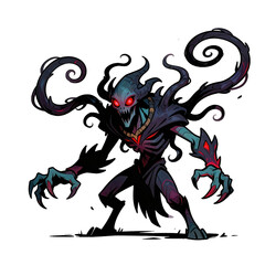 Sinister skeletal horror creature emerges from deep shadow with glowing red eyes