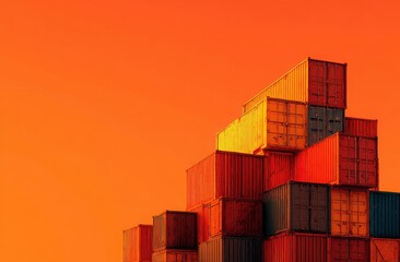 Fototapeta premium Shipping Containers Against Sunset Sky: A geometric composition of stacked shipping containers, bathed in the warm, fiery hues of the sunset.