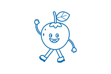 Blue line cartoon fruit smiles and cheerfully waves as it walks across the white background