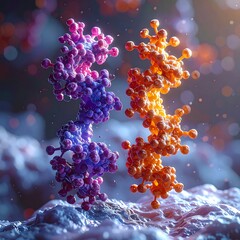 Microscopic view of intertwined colorful molecules