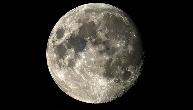 A high-resolution close-up of the full Moon showcasing detailed craters, maria, and highlands against a stark black sky.