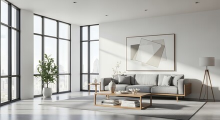 Bright living room with large windows, gray sofa and minimal decor, filled with daylight. Concept for home interior design, apartment decoration and real estate marketing
