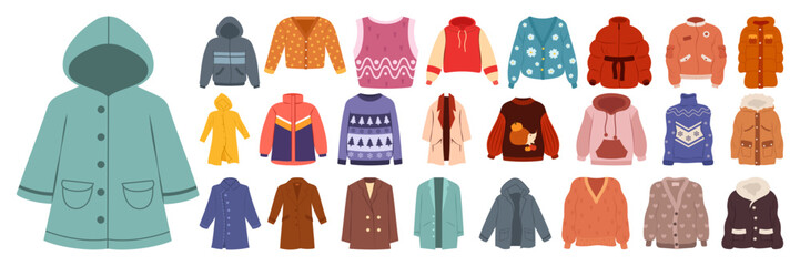 Winter clothes collection illustration with various coats, sweaters, jackets, and accessories © Cavid