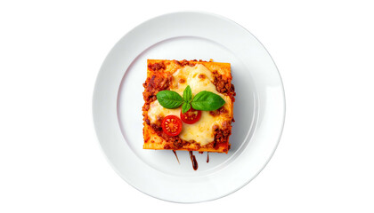 Square lasagna portion on a white plate, topped with cheese, tomato, and basil