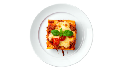 Square lasagna portion on a white plate, topped with cheese, tomato, and basil