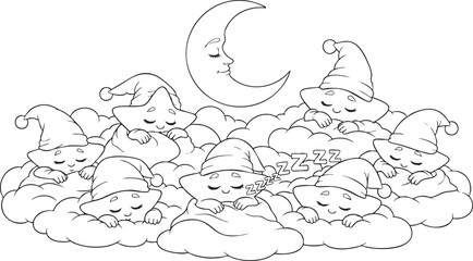 Fototapeta premium Cute Sleeping Clouds and Moon Coloring Page
