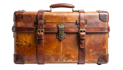 Weathered brown leather suitcase, buckles, straps, handle, aged, worn, travel, vintage aesthetic