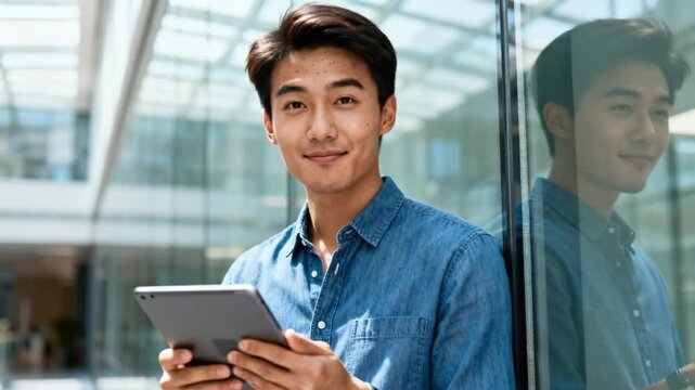 Confident East Asian man with tablet in bright office