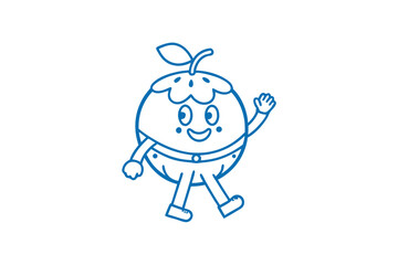 A cheerful cartoon tangerine character walks cheerfully, waving with friendly greetings in blue lines