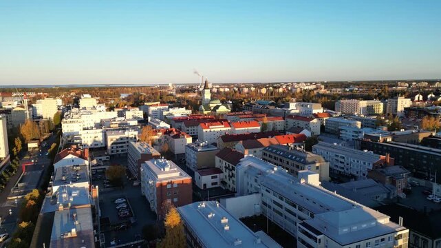 Aerial view of the city of Oulu in autumn morning, Finland